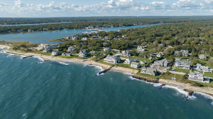 aerial view of cape cod coastline with vacation homes
