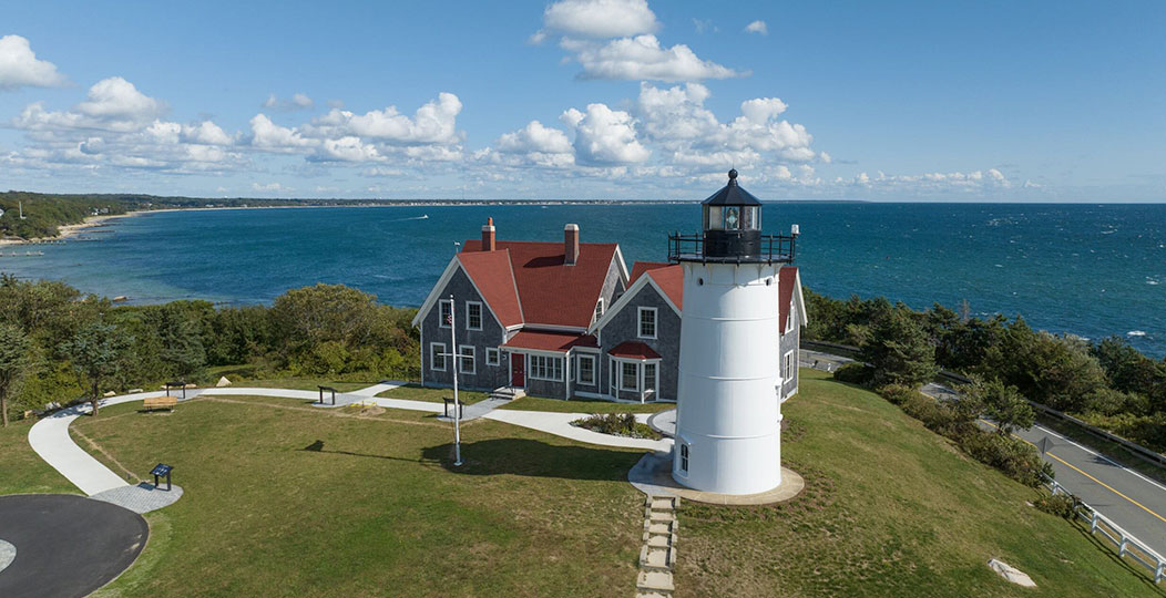 nobska point lighthouse on cape cod, aerial view